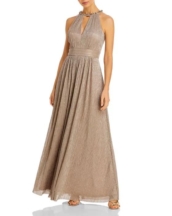Shimmering Cutout Halter Gown
