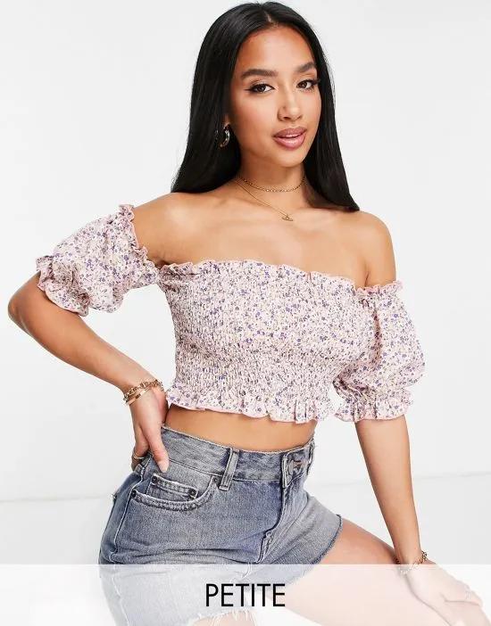 shirred bardot top in floral