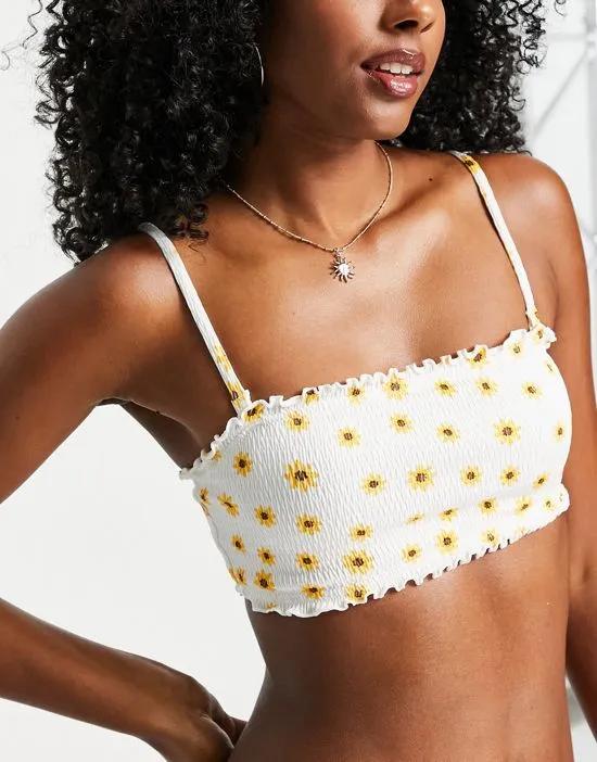 shirred bikini top in sunflower print - MULTI