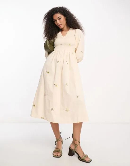 shirred bodice smock midi dress with floral embroidery in cream
