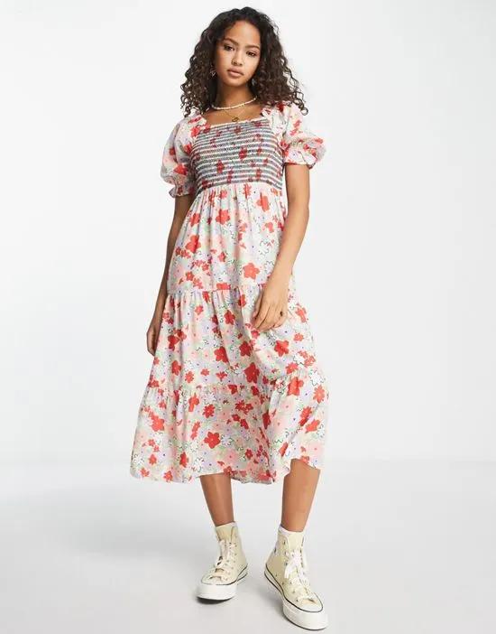 shirred bust midi dress in floral print