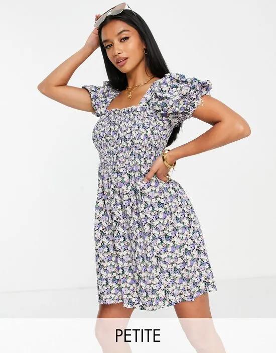 shirred bust mini dress with puff sleeves in blue