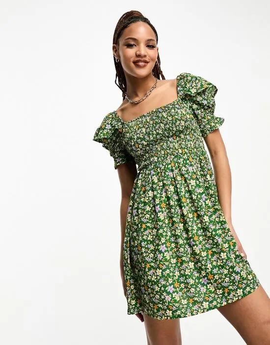 shirred bust puff sleeve mini dress in green floral