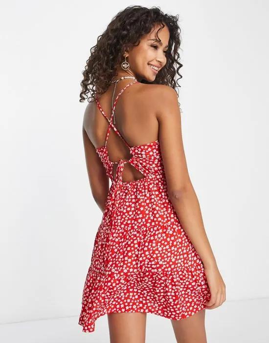 shirred bust strappy mini dress in red ditsy floral print