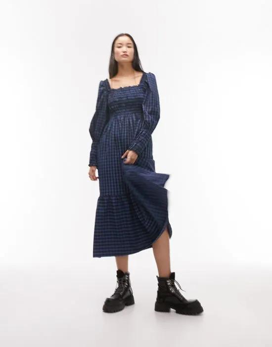 shirred bust textured check midi dress in blue