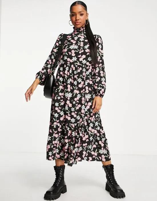 shirred collar puff sleeve midi dress in black ditsy floral