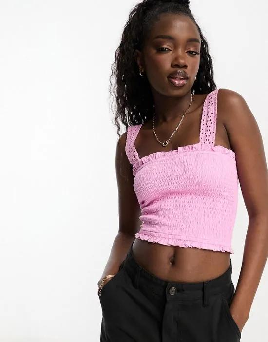 shirred crop top with eyelet straps in pink