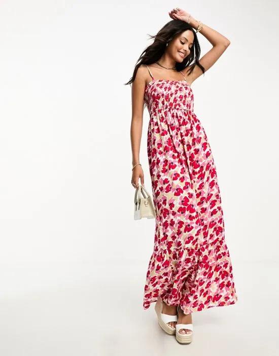 shirred detail maxi dress in red & pink poppy floral