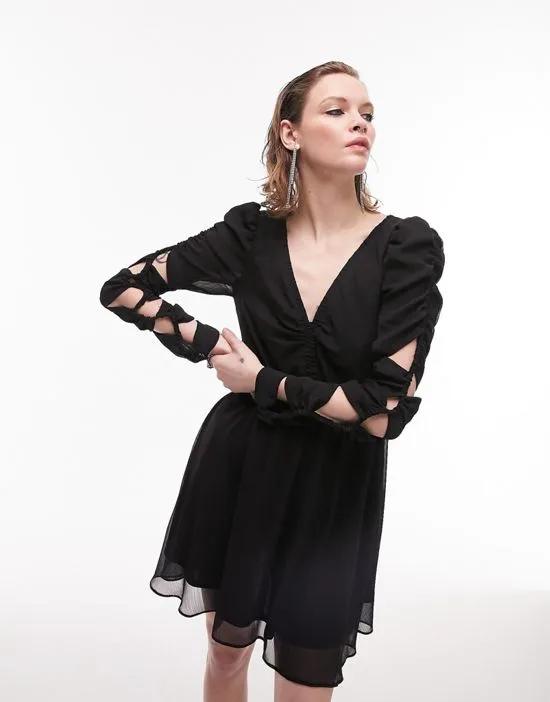 shirred elasticated arm detail V neck mini tea dress in black