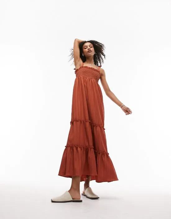 shirred embroidered textured beach maxi dress in rust