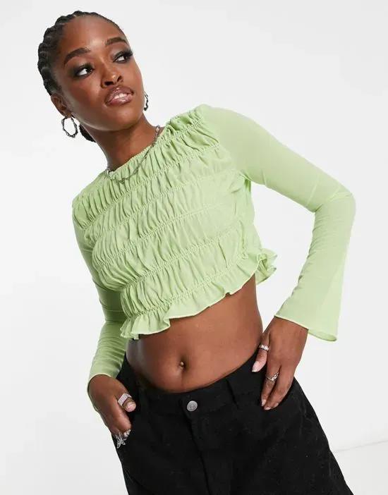 shirred fluted sleeve crop blouse in sap green