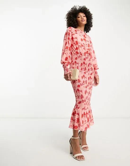 shirred maxi dress in pink and red floral