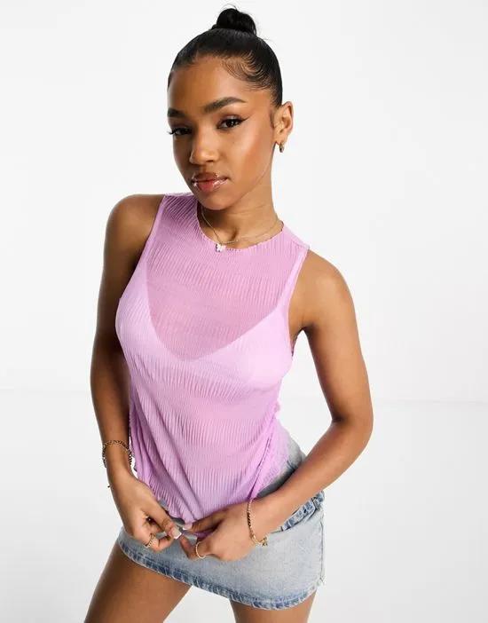 shirred mesh sleeveless tank top in lilac