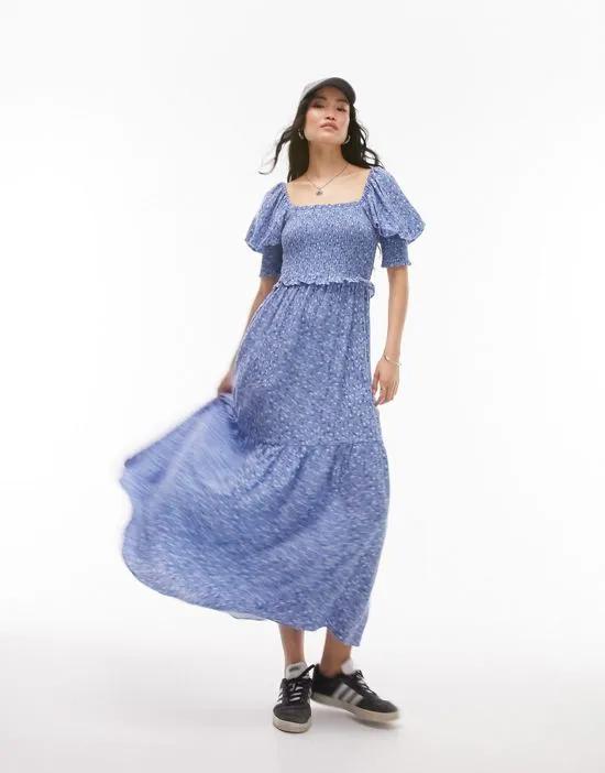 shirred midi dress with short sleeves in blue floral