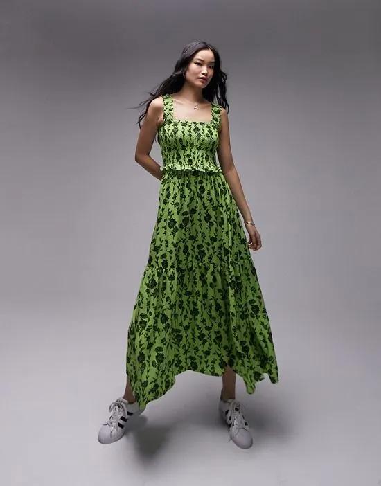 shirred pinny midi dress in green and black floral