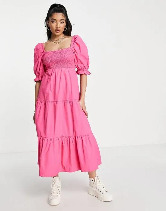 shirred poplin midi dress with puff sleeves in pink