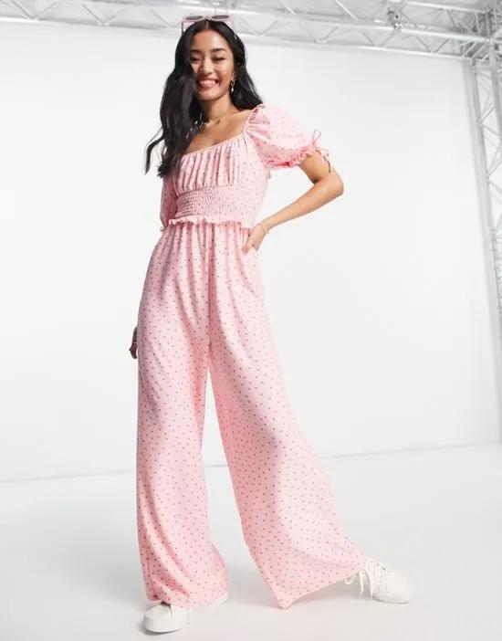 shirred puff sleeve jumpsuit in pink dot