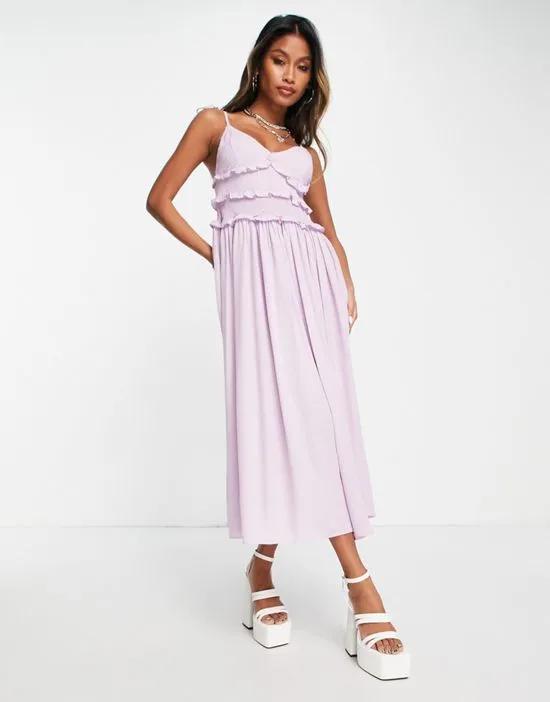 shirred ruffle slip midi dress in lilac