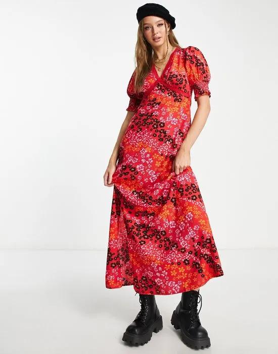 shirred sleeve maxi tea dress with lace trim in mixed floral print