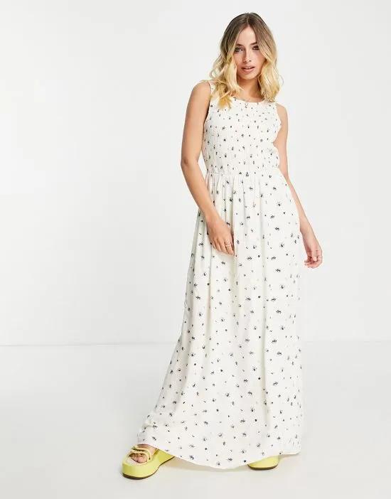 shirred sleeveless maxi dress in white ditsy floral