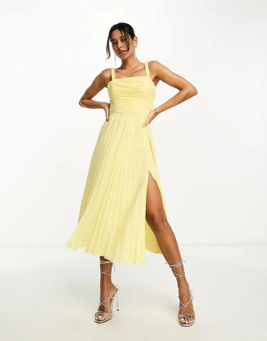 shirred strap ruched bodice textured pleat midi dress in lemon