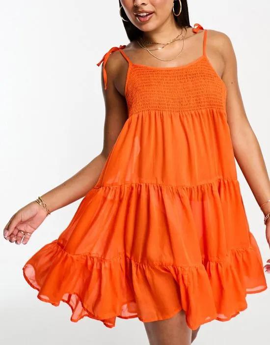shirred strappy beach mini dress in orange