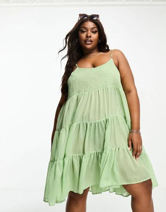 shirred strappy beach mini dress in sage green