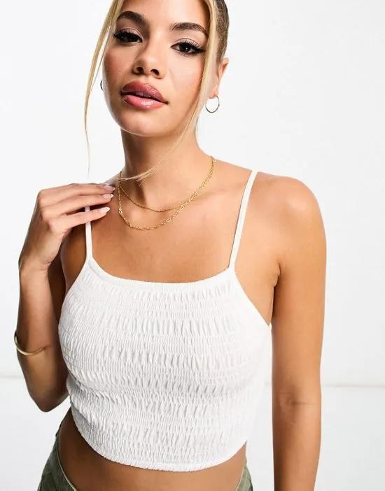 shirred strappy crop top in white