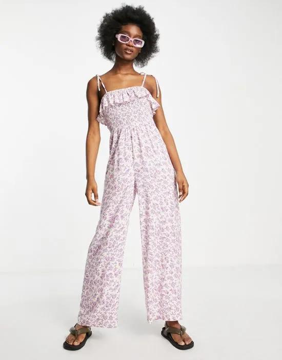 shirred strappy jumpsuit in lilac ditsy