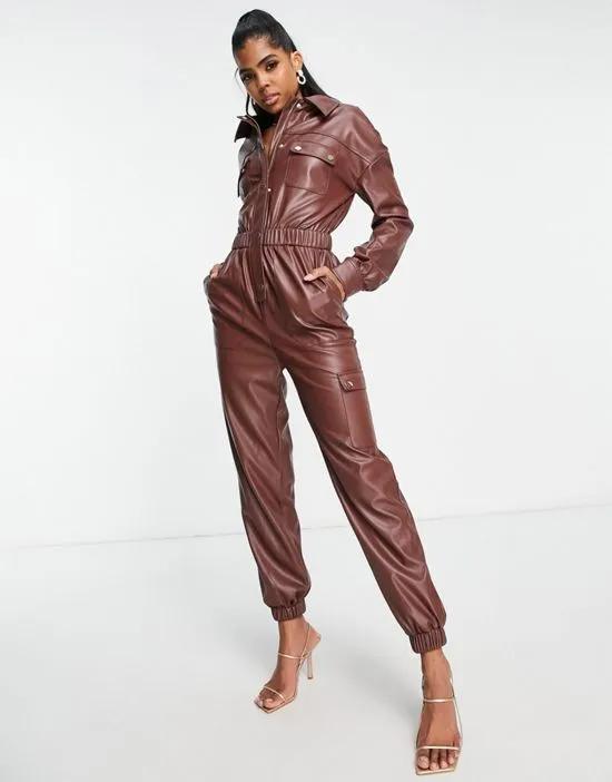 shirred waist faux leather jumpsuit in chocolate