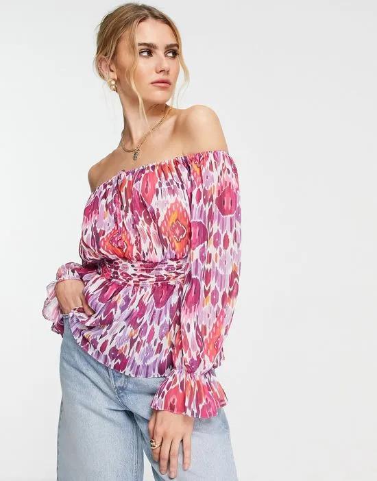 shirred waist off the shoulder top in pink