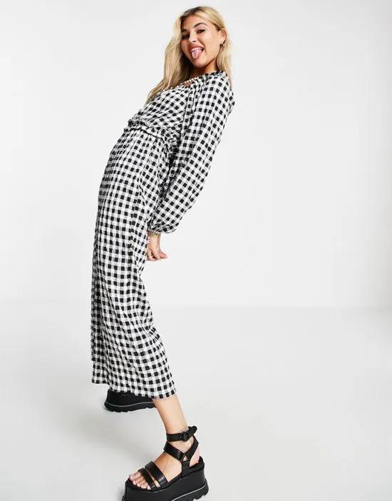 shirred waist square neck jumpsuit in gingham