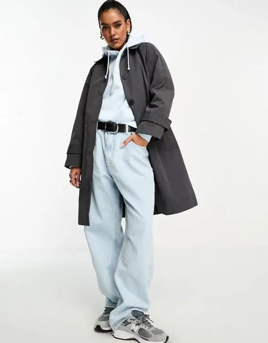 short belted top collar trench coat in gray
