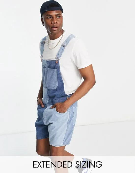 short denim overalls with contrasted panels