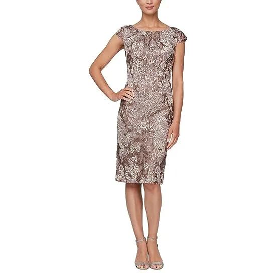 Short Embroidered Sheath Dress w/ Cap Sleeves and Sequin Detail