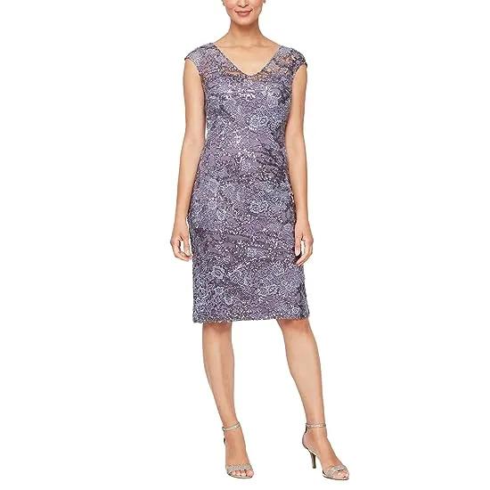 Short Embroidered Sheath Dress with Cap Sleeves and V-Neckline