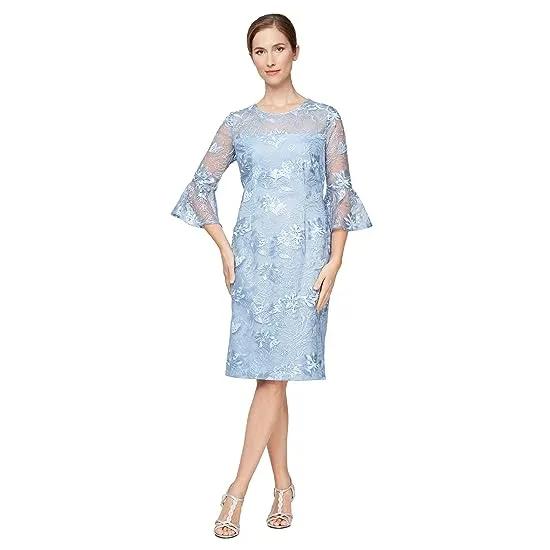 Short Embroidered Sheath Dress with Illusion Neckline and 3/4 Bell Sleeves