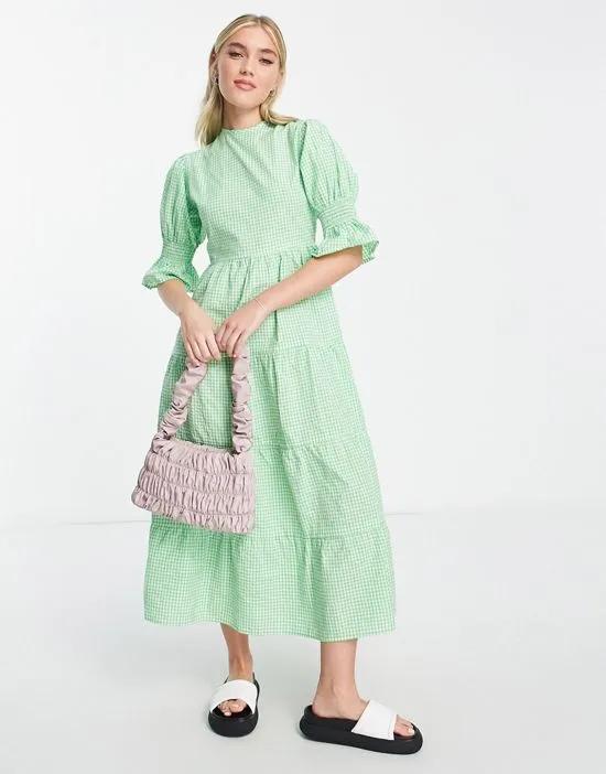 short frill sleeve midi dress in green gingham