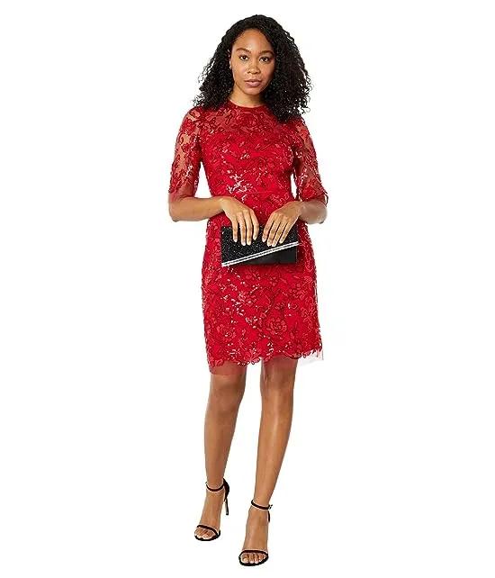 Short Sequin Dress with Mid Length Flare Sleeves and High Neckline