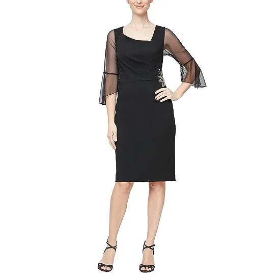 Short Sheath Dress w/ L-Shaped Neckline and Illusion Bell Sleeves