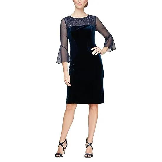 Short Sheath Dress with Embellished Illusion Neckline and Bell Sleeves
