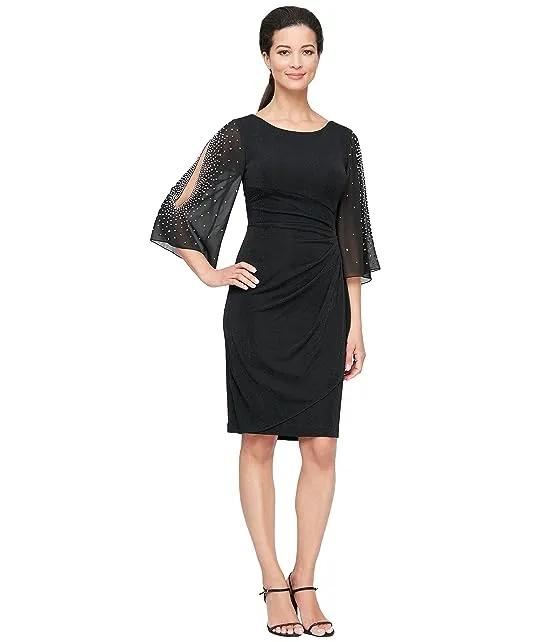 Short Sheath Dress with Embellished Illusion Split Sleeves and Skirt