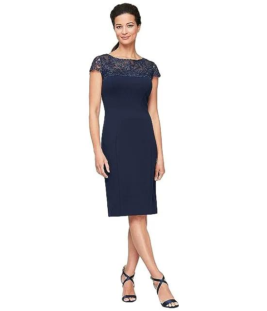 Short Sheath Dress with Embroidered Illusion Neckline and Cap Sleeves