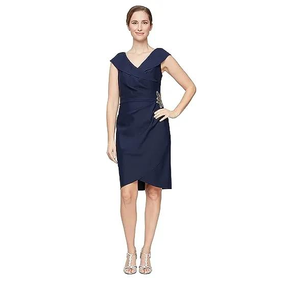 Short Sheath Dress with Portrait Collar with Embellished Cascade Detail Skirt