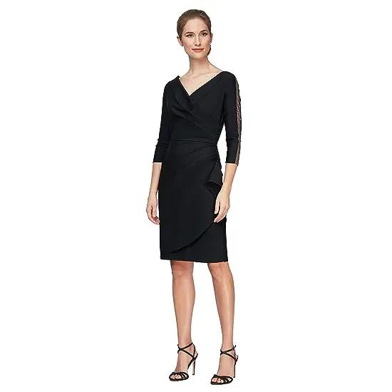Short Sheath Dress with Surplice Neckline and Embellished Illusion Sleeve Detail