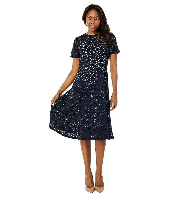 Short Sleeve A-Line Midi Dress with Jewel Neck