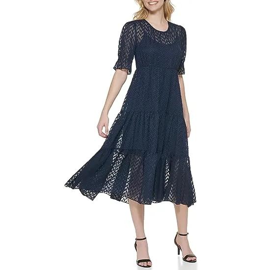 Short Sleeve Abstract Zigzag Chiffon Maxi Dress