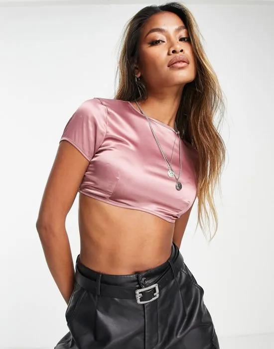 short sleeve backless crop top in stretch satin in rose