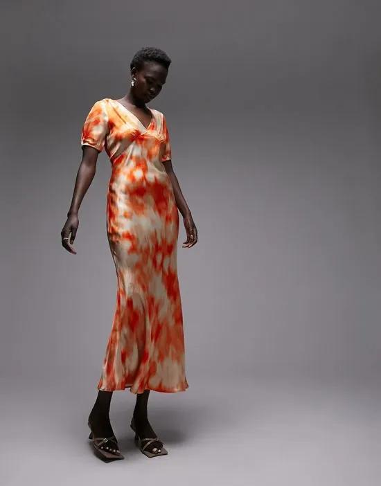 short sleeve bias midi slip dress in orange print