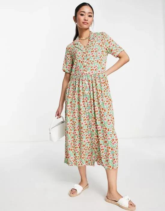 short sleeve collared midi dress in multi floral